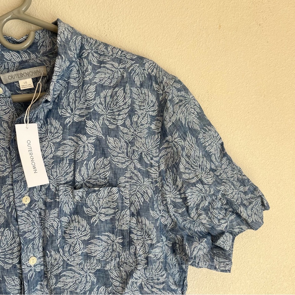 Outerknown Shirt Mens Large Blue Brown Short Sleeve Button Up Leaves Linen - Picture 3 of 7